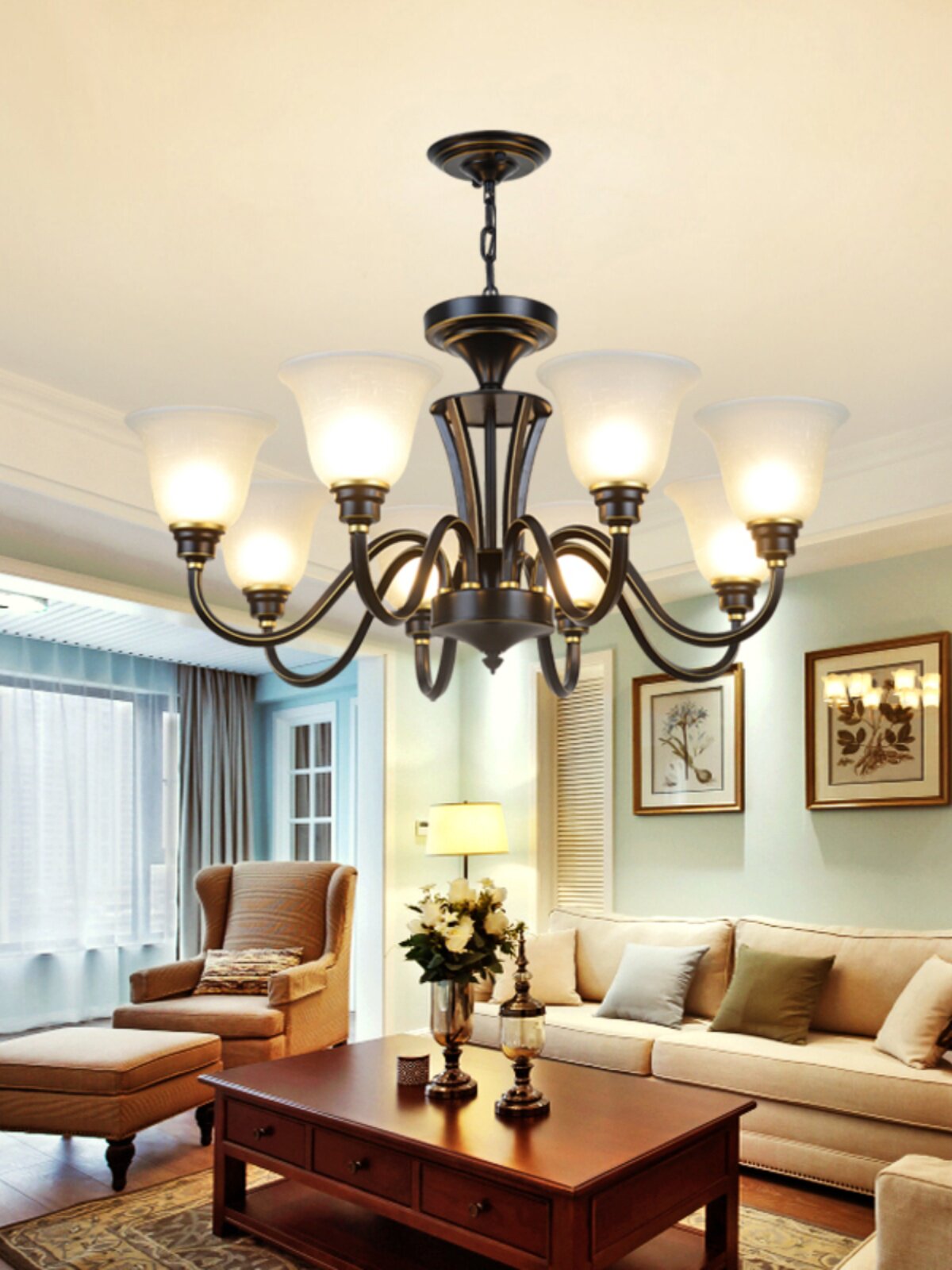 美式轻奢吊灯客厅灯复古乡村古典欧式简约别墅复式楼黑色跃层灯具