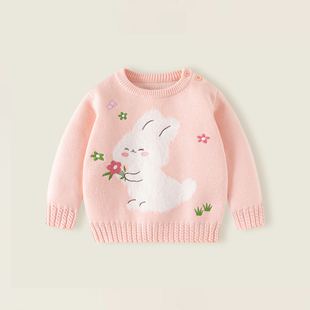 女童毛衣秋冬新款宝宝婴幼儿a类纯棉圆领套头粉色兔子内搭针织衫