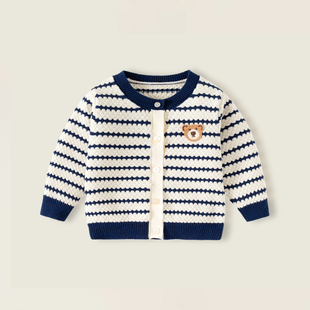 婴儿条纹针织开衫春秋新款男女宝宝a类纯棉柔软圆领单层毛衣外套