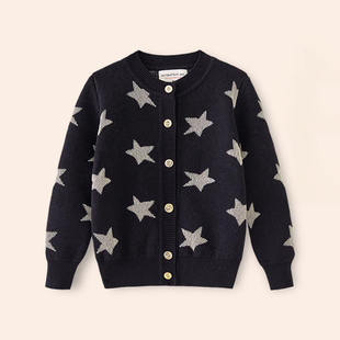 女童毛衣开衫秋冬款儿童纯棉金银线黑色五角星圆领扣子针织衫外套