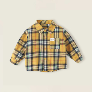 男女小童婴儿a类纯棉加厚柔软磨毛打底衫 宝宝黄格子衬衫 春秋新款