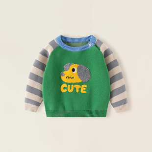 宝宝毛衣秋冬款男童婴儿纯棉a类圆领肩开扣套头条纹内搭针织衫