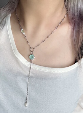 日韩系ins绿色玫瑰串珠拼接项链小众甜酷复古y2k简约气质Y形叠戴