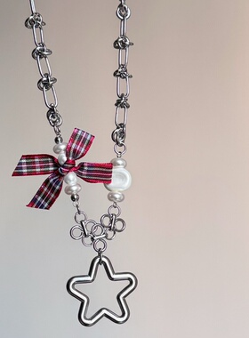 朋克摇滚红格纹蝴蝶结星星串珠拼接项链小众甜酷复古y2k日韩系ins