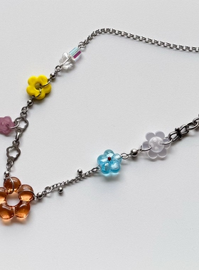 日韩系ins风多巴胺可爱花朵纽扣串珠拼接ot扣项链小众复古y2k甜酷