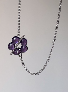 日韩系ins风琉璃紫色花朵ot扣项链小众复古y2k甜酷简约百搭锁骨链
