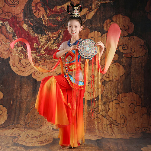 敦煌飞天儿童演出服铃鼓舞服装