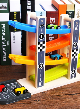 Wooden Ramp Race Track Car Playset Sliding Toy Cars