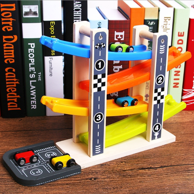 Wooden Ramp Race Track Car Playset Sliding Toy Cars