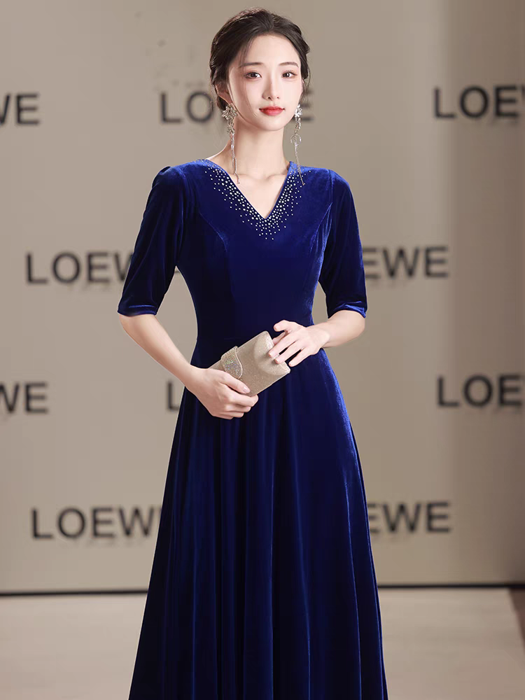 大合唱团演出服女蓝色艺考独唱朗诵表演服装主持人弹力丝绒晚礼服