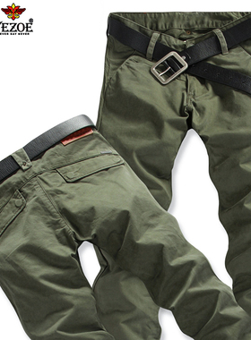YEZOE弹力百搭男士休闲裤军绿色26春秋工装韩版修身直筒潮牌裤子