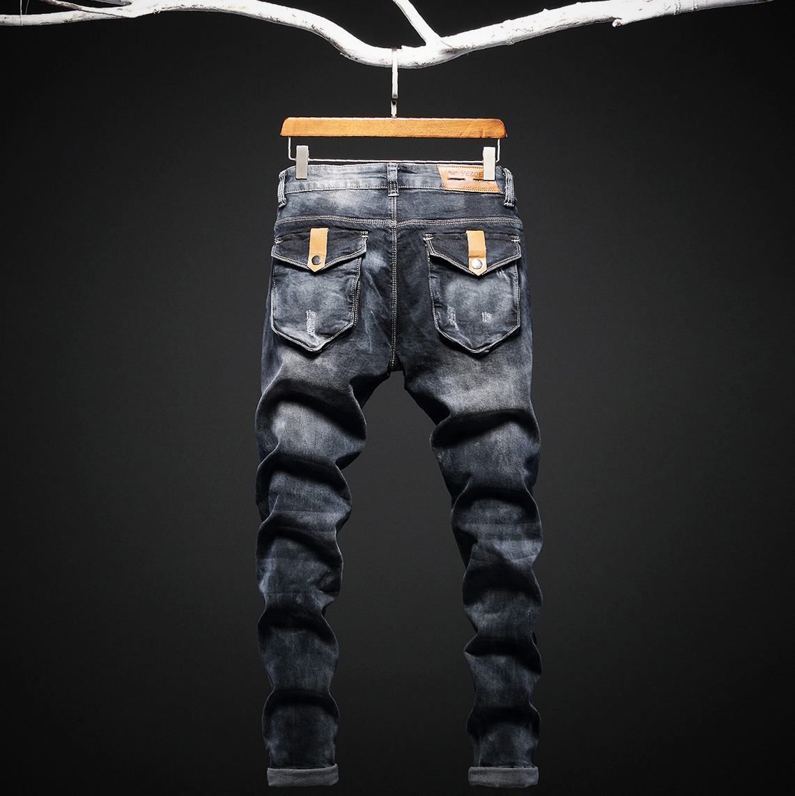 潮流镶皮立体口袋弹力男士牛仔裤