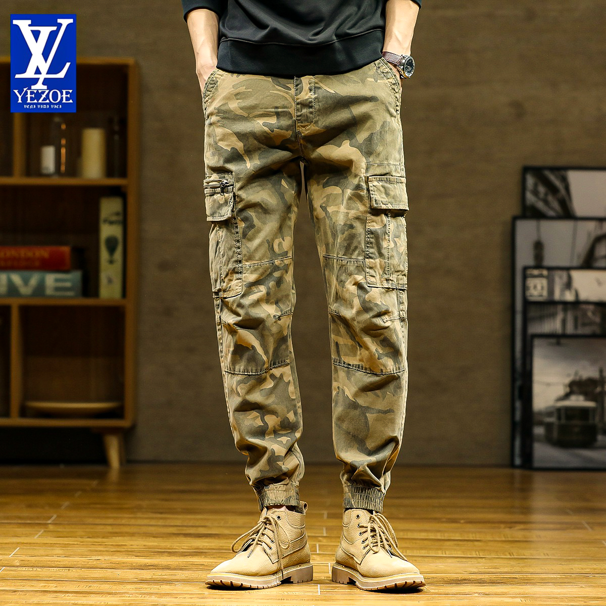 新款迷彩工装裤修身直筒休闲