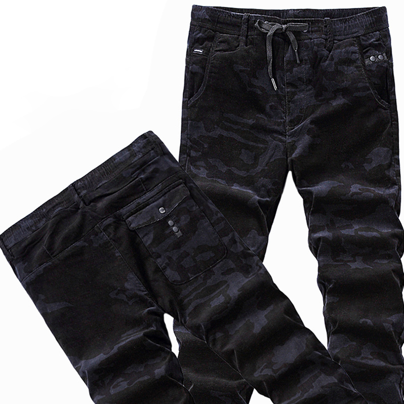 黑色迷彩系带小直筒男士休闲裤