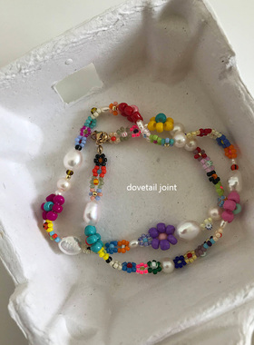 淡水珍珠米珠花朵串珠项链