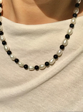 dovetail joint 小众个性百搭天然淡水珍珠黑玛瑙项链弹力手串