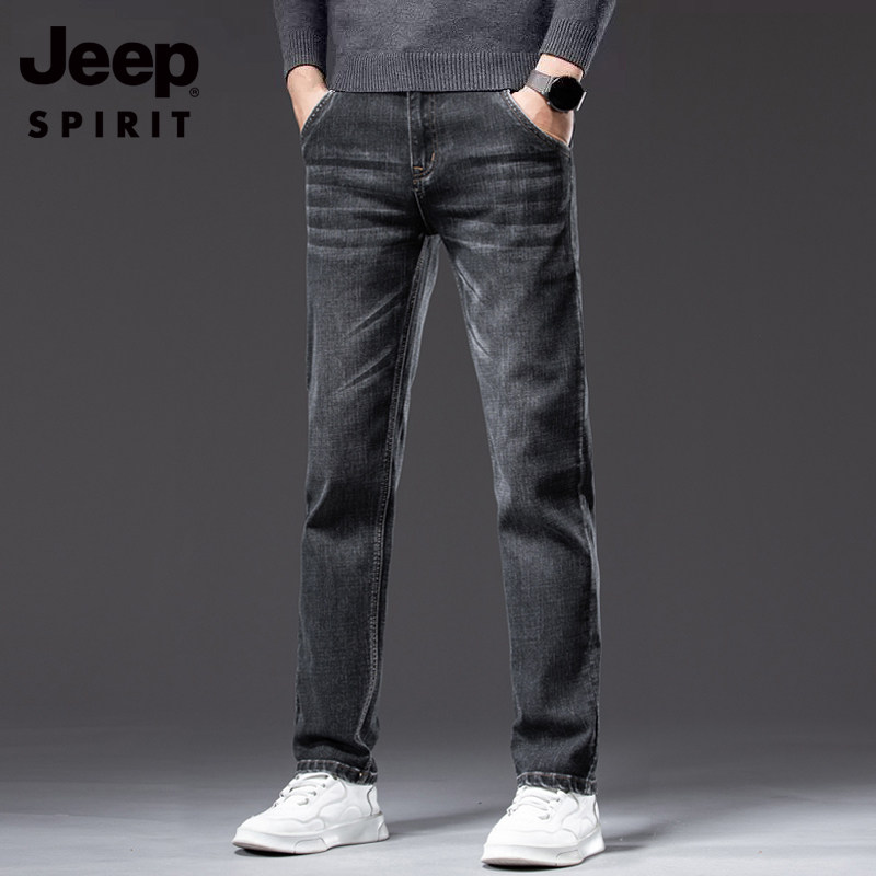 吉普牛仔裤男士秋冬季修身直筒加绒加厚长裤2025新款商务休闲裤子
