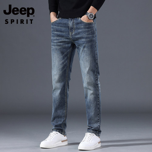吉普牛仔裤男士新款秋冬季弹力修身直筒长裤潮牌高端加绒加厚裤子