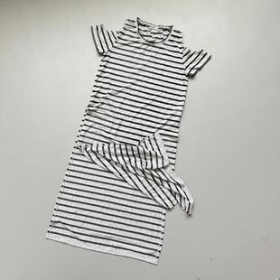 条纹短袖t恤裙女款速干宽松休闲大开叉时尚长裙子连衣裙夏季镂空
