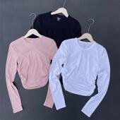 显瘦竖坑条弹力运动健身瑜伽上衣 女春夏修身 设计感褶皱长袖 打底衫