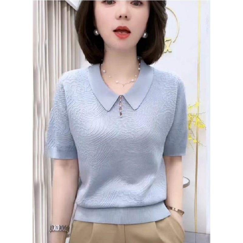 欧货祥云提花钉珠针织短袖女