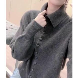 高级感灰色软糯毛衣外套2024秋冬新款 上衣 气质方领针织开衫 女长袖