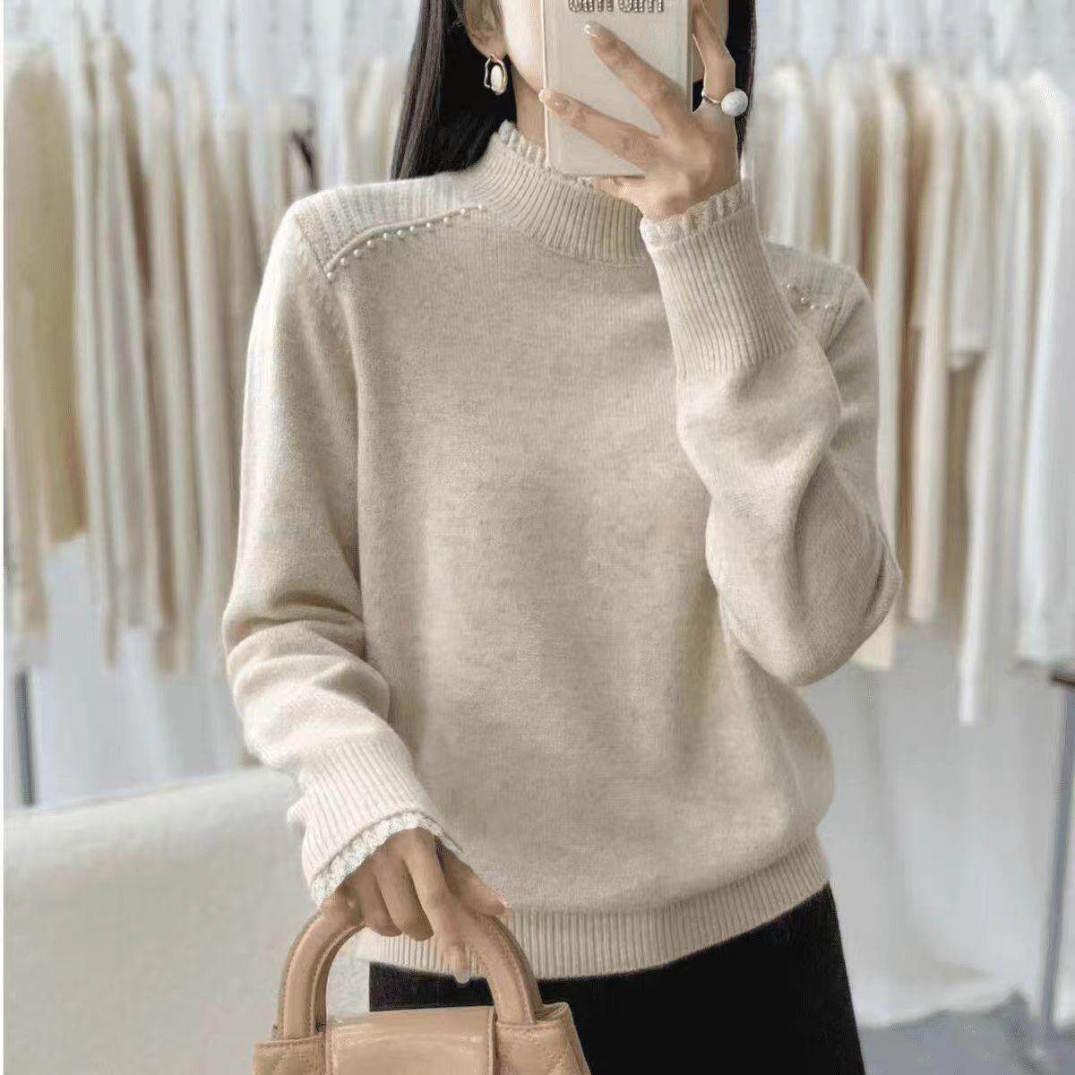 绝美蕾丝半高领长袖针织衫女秋冬2024新款高级气质感钉珠打底上衣