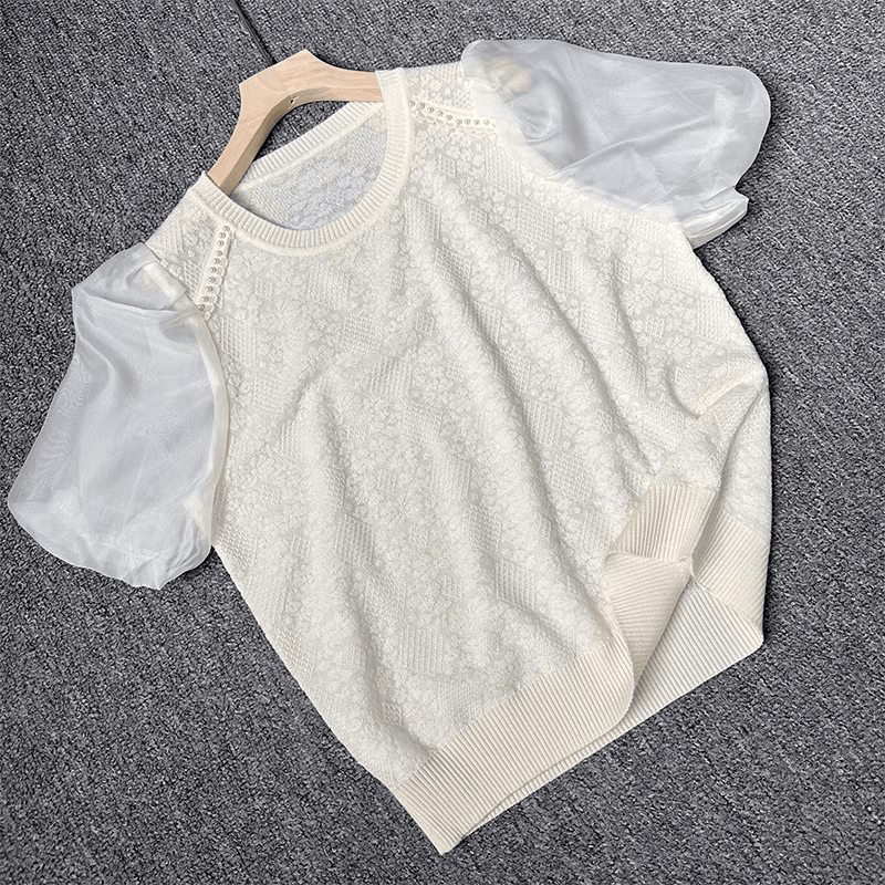 气质小香风新款钉珠T恤上衣圆领