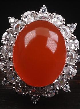 保山南红玛瑙 无裂天然原矿冰红戒面戒指 女款925银镶嵌5.37克