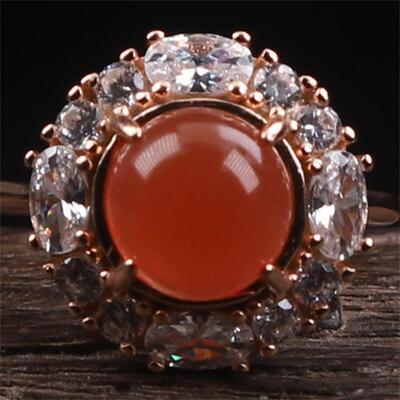 保山南红玛瑙 无裂原矿冰红冰粉戒面女款戒指 925银镶嵌3.87克