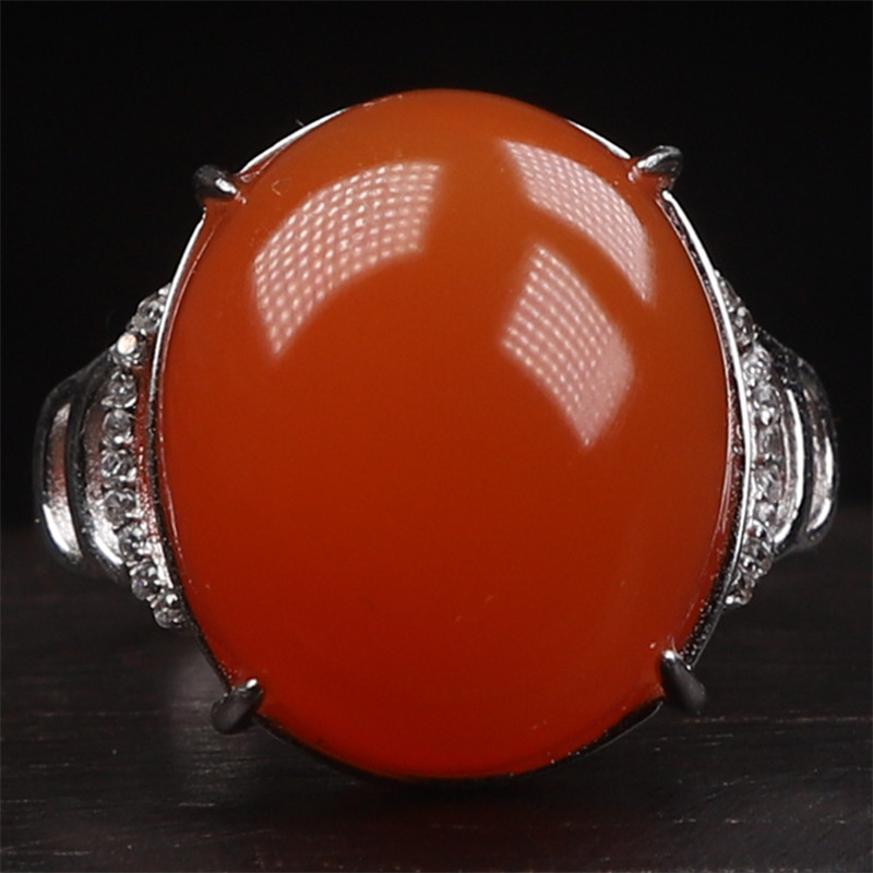 川料南红 无裂原矿柿子红满色戒面女士女款戒指925银镶嵌7.02克