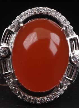 保山南红玛瑙 无裂天然原矿冰红戒面戒指女款 925银镶嵌5.89克