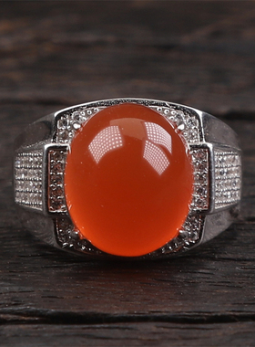 保山南红玛瑙 无裂原矿冰红蛋面 925银镶嵌男女款戒指戒面 6.93克