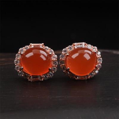 无裂天然原矿南红冰红蛋面耳钉