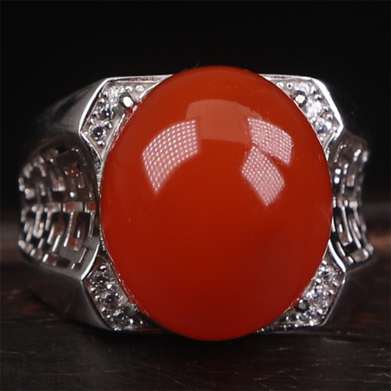 保山南红 无裂原矿柿子红冰红蛋面 925银镶嵌男款戒指戒面 9.82克