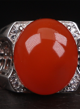 保山南红 无裂原矿柿子红冰红蛋面 925银镶嵌男款戒指戒面 9.82克