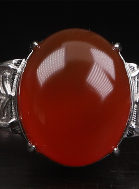 保山南红无裂原矿黑红料冰红牛血红蛋面 925银男款戒指戒面9.44克