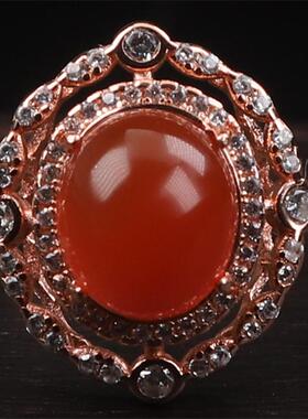 保山南红玛瑙无裂天然原矿冰红冰粉蛋面 女款戒指925银镶嵌3.39克