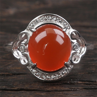 保山南红玛瑙无裂天然原矿冰红戒面戒指女款 925银镶嵌3.35克