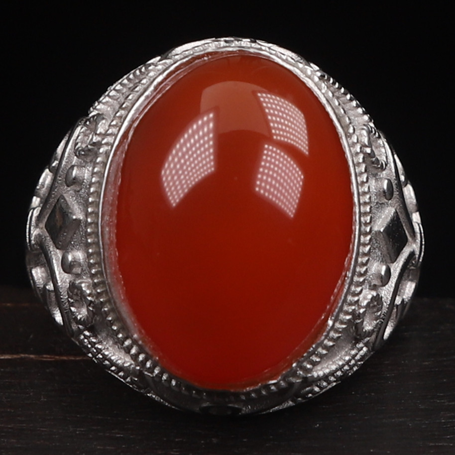保山南红玛瑙 无裂原矿柿子红冰红 925银镶嵌男款戒指戒面10.85克