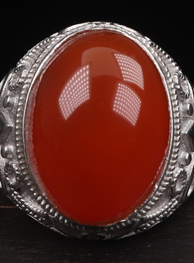 保山南红玛瑙 无裂原矿柿子红冰红 925银镶嵌男款戒指戒面10.85克