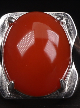 保山南红玛瑙 无裂原矿柿子红冰红戒面925银镶嵌男士戒指 10.37克