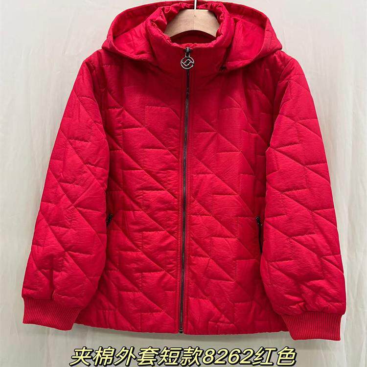 特价7码一件8262红色过年棉衣格纹大码女装保暖连帽防风