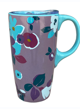 出口美国Matilda Jane的花朵图案的蓝绿色陶瓷旅行杯配透明塑料盖