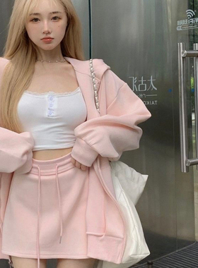 显瘦慵懒休闲秋季运动套装宽松连帽卫衣外套初秋腰包半身裙两件套