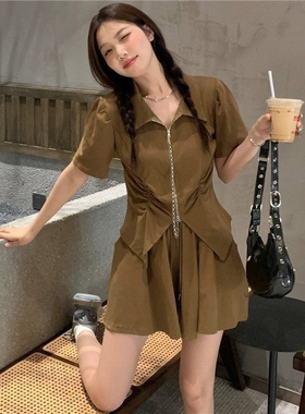 夏季新款显瘦套装休闲百搭双头拉链polo领上衣宽松短裤两件套潮女