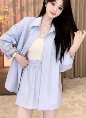 春夏季新款小众小清新休闲简约百搭蓝色衬衫短裙女韩版两件套装女