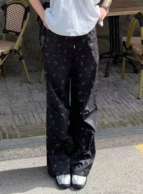 JAC FLEURANT2025春夏新品蓝色碎花印花运动裤休闲裤女松紧腰长裤