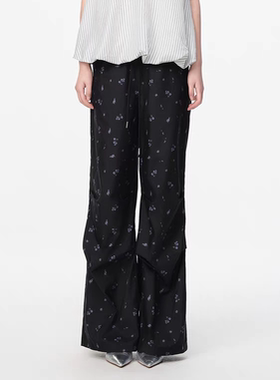 JAC FLEURANT2025春夏新款蓝色碎花印花运动裤膝盖压褶休闲裤女裤