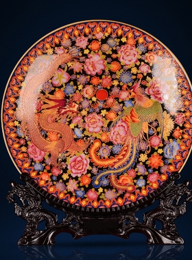 景德镇陶瓷新中式仿古珐琅彩瓷盘装饰摆件家居客厅玄关瓷器工艺品